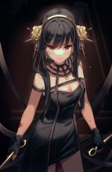 Rule 34 | 1girl, absurdres, bare arms, bare shoulders, black dress, black hair, breasts, cleavage, commentary, cowboy shot, dress, dual wielding, earrings, hairband, highres, holding, holding weapon, jewelry, kuri (animejpholic), long hair, medium breasts, pencil dress, red eyes, reverse grip, solo, spy x family, standing, v-shaped eyebrows, weapon, yor briar