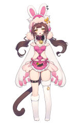 Rule 34 | 1girl, absurdres, animal hands, apron, arms at sides, asymmetrical legwear, bell, blunt bangs, blush, bow, breasts, brown hair, cat tail, claws, collar, earrings, elbow gloves, fangs, female focus, frilled apron, frills, full body, gloves, half-closed eyes, happy, head tilt, heart, heart-shaped pupils, highres, jewelry, jingle bell, kneehighs, long hair, looking at viewer, maid apron, multiple earrings, nana ann, neck bell, open mouth, original, paw gloves, paw print, pawpads, pink apron, pink gemstone, rabbit ears, sidelocks, simple background, single sock, single thighhigh, skin fangs, small breasts, smile, socks, solo, standing, straight-on, symbol-shaped pupils, tail, thigh strap, thighhighs, thighs, twintails, uneven legwear, waist apron, white background, white gloves, white socks, white thighhighs, yellow bow, yellow eyes