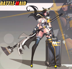 Rule 34 | 1girl, animal ears, armband, belt, black hair, breasts, broom, cleavage, clothing cutout, concept art, earrings, gloves, grey background, heart cutout, highleg, highleg leotard, highres, huge breasts, jewelry, leotard, long hair, looking at viewer, maid, maid headdress, multicolored hair, navel, necktie, original, pointy ears, red hair, red lips, revealing clothes, simple background, smjim1986, solo, streaked hair, suitcase, thighhighs, thighs, thong, yellow eyes