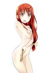 Rule 34 | 1girl, artist request, blush, buratei marii, female focus, flat chest, hand fan, joshiraku, long hair, nude, red hair, simple background, solo, surprised, sweat, white background, yellow eyes