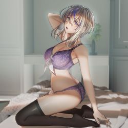 Rule 34 | 1girl, absurdres, arm support, arm up, ass, bare arms, bare shoulders, black thighhighs, blurry, blurry background, bra, breasts, chocolate, cleavage, food, from side, full body, highres, indoors, kneeling, large breasts, lingerie, looking at viewer, medium hair, mouth hold, multicolored hair, nanaken nana, original, pale skin, panties, purple hair, shiny clothes, shiny skin, silver hair, solo, thighhighs, thighs, two-tone hair, underwear