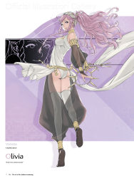 Rule 34 | 1girl, absurdres, armlet, ass, bare shoulders, bracelet, braid, character name, dancer, fire emblem, fire emblem awakening, full body, grin, hairband, highres, jewelry, kozaki yuusuke, leotard, long hair, looking back, nintendo, official art, olivia (fire emblem), page number, pink hair, ponytail, purple eyes, sandals, see-through, side braid, simple background, smile, solo, thighhighs, twin braids, white thighhighs