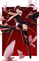 Rule 34 | 1girl, absurdres, bare shoulders, bird, black dress, black gloves, black hair, boots, border, breasts, closed mouth, dagger, dove, dress, fingerless gloves, floating hair, floral print, flower, full body, glint, gloves, gold hairband, hair flower, hair ornament, hairband, highres, holding, holding dagger, holding knife, holding weapon, knife, long hair, looking at viewer, medium breasts, outstretched arm, red dress, red eyes, rose, rose print, runx, short hair with long locks, sidelocks, solo, spikes, spy x family, stiletto (weapon), thigh boots, thighhighs, thighs, throwing, throwing knife, two-sided dress, two-sided fabric, weapon, white border, dove, yor briar, zettai ryouiki