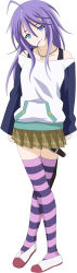 Rule 34 | 00s, 1girl, absurdres, ahoge, bare shoulders, blue eyes, highres, long hair, long image, multicolored clothes, multicolored legwear, purple hair, rosario+vampire, shirayuki mizore, skirt, solo, striped clothes, striped thighhighs, tall image, thigh strap, thighhighs, vector trace, zettai ryouiki