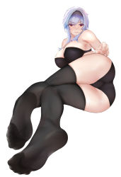 Rule 34 | 1girl, black bra, black panties, black thighhighs, blue hair, blush, bra, breasts, chinese commentary, cleavage, closed mouth, eula (genshin impact), eyelashes, eyes visible through hair, feet, full body, genshin impact, hair between eyes, hairband, highres, large breasts, light blue hair, lips, looking at viewer, lying, medium hair, no shoes, on side, panties, red eyes, sidelocks, simple background, smile, solo, thighhighs, thighs, underwear, underwear only, wd (1106592840), white background