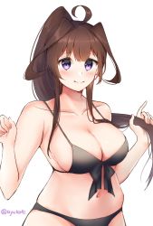 Rule 34 | 1girl, ahoge, alternate costume, alternate hairstyle, ayuko91, bare shoulders, bikini, black bikini, blush, breasts, brown hair, cleavage, collarbone, commentary request, highres, holding, holding hair, kantai collection, kongou (kancolle), large breasts, long hair, looking at viewer, navel, one-hour drawing challenge, ponytail, purple eyes, simple background, smile, solo, swimsuit, twitter username, white background