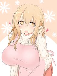 Rule 34 | 10s, 1girl, :d, apron, breasts, brown eyes, brown hair, heart, kokuto adk, large breasts, leaning forward, long hair, open mouth, ribbed sweater, smile, solo, sunohara ayaka, sunoharasou no kanrinin-san, sweater, turtleneck