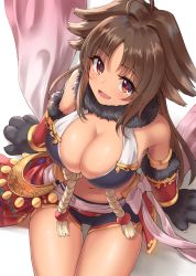 Rule 34 | 1girl, :d, ahoge, animal hands, bare shoulders, black shorts, blush, breasts, brown hair, cleavage, dargo, fang, fur collar, fur trim, jewelry, kaori (princess connect!), large breasts, long hair, looking at viewer, midriff, navel, open mouth, parted bangs, princess connect!, red eyes, short shorts, shorts, sitting, smile, solo, stomach, thighs, white background