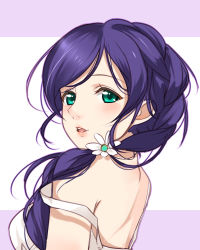 Rule 34 | 10s, 1girl, alternate hairstyle, aqua eyes, back, clouble, daisy, flower, hair flower, hair ornament, hair over shoulder, highres, lips, long hair, looking at viewer, looking back, love live!, love live! school idol project, parted lips, shirt, simple background, solo, strap slip, tojo nozomi, white shirt