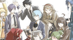 Rule 34 | 4boys, 5girls, ahoge, angela (project moon), annoyed, ascot, belt, black ascot, black hair, black necktie, blonde hair, blue hair, book, brown hair, chair, chesed (project moon), coat, collared shirt, cup, drunk, formal, gebura (project moon), grabbing, green eyes, green hair, hair ornament, highres, hod (project moon), holding, holding book, holding cup, kankan33333, library of ruina, light blue hair, long hair, looking at another, looking to the side, malkuth (project moon), mug, multiple boys, multiple girls, necktie, netzach (project moon), open book, open mouth, pants, parted lips, ponytail, project moon, purple hair, red hair, roland (project moon), scar, scar across eye, shirt, short hair, simple background, sitting, smile, suit, sweatdrop, tiphereth a (project moon), white background, white shirt, yellow eyes, yesod (project moon)