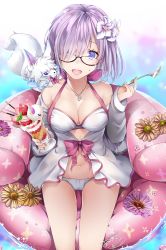 Rule 34 | 1girl, akatsuki hijiri, arms up, bare legs, bare shoulders, bikini, blue eyes, blurry, blurry background, blush, bow, breasts, cleavage, creature, creature on shoulder, cup, daisy, fate/grand order, fate (series), fingernails, flower, food, hair between eyes, hair flower, hair ornament, hair over one eye, hibiscus, highres, holding, holding cup, holding spoon, ice cream, inflatable raft, inflatable toy, jacket, jewelry, light purple hair, long sleeves, looking at viewer, mash kyrielight, medium breasts, multicolored hair, navel, necklace, off-shoulder jacket, off shoulder, official alternate costume, on shoulder, open clothes, open jacket, open mouth, outdoors, pendant, red bow, round teeth, signature, sitting, sleeves past wrists, solo, spoon, sweat, sweatdrop, swimsuit, teeth, two-tone hair, water, wet, white bikini, white hair