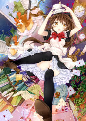 Rule 34 | 1girl, alice (alice in wonderland), alice in wonderland, apron, bad id, bad pixiv id, black thighhighs, blush, book, bookshelf, bra, brown hair, bug, butterfly, cake, candle, card, carrot, clock, cup, floating card, food, frills, insect, knife, legs, lingerie, long hair, mijinkouka, open mouth, plate, playing card, solo, star (symbol), stuffed animal, stuffed toy, teacup, teddy bear, thighhighs, toka, underwear