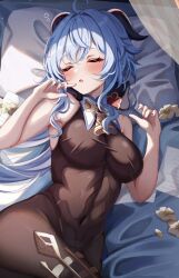 Rule 34 | 1girl, :o, ahoge, armpits, bare arms, bed, bell, black leotard, blue hair, blue nails, blush, bodystocking, breasts, closed eyes, covered navel, flower, ganyu (genshin impact), genshin impact, goat horns, gold trim, groin, hair between eyes, highres, horns, large breasts, leotard, leotard under clothes, long hair, looking at viewer, lying, messy hair, neck bell, no gloves, on back, open mouth, pantyhose, paper, pillow, pink hair, qingxin flower, redrawn, sa-ya2, sidelocks, simple background, sleeping, sleeveless, tareme, white flower