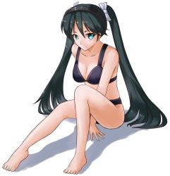 Rule 34 | 10s, 1girl, aqua eyes, arm support, bare arms, bare legs, bare shoulders, barefoot, bikini, black hair, blue eyes, breasts, cleavage, collarbone, feet, female focus, full body, hair between eyes, hair ornament, hair ribbon, hairband, isuzu (kancolle), kantai collection, legs, long hair, long twintails, looking at viewer, midriff, ranma (kamenrideroz), ribbon, shadow, simple background, sitting, smile, swimsuit, twintails, very long hair, white background
