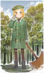 Rule 34 | 1girl, axe, blonde hair, boots, closed mouth, coat, fate/grand order, fate (series), full body, gloves, green coat, green hat, grey gloves, hat, highres, holding, holding axe, nai ga, orange eyes, pantyhose, paul bunyan (fate), solo, standing, tree