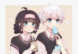 Rule 34 | 1boy, 1girl, alluka zoldyck, black hair, blue eyes, brother and sister, brothers, bubble tea, cellphone, cheonsaru, child, food, hair ornament, hairband, highres, holding, holding food, holding popsicle, hunter x hunter, killua zoldyck, looking at viewer, medium hair, phone, pink background, popsicle, school uniform, short hair, siblings, smartphone, white hair
