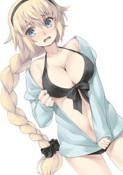 Rule 34 | 1girl, bare shoulders, bikini, black bikini, black hairband, black scrunchie, blonde hair, blue eyes, blue jacket, blush, braid, breasts, cleavage, commentary request, fate/apocrypha, fate/grand order, fate (series), gluteal fold, hair between eyes, hair ornament, hair scrunchie, hairband, highres, jacket, jeanne d&#039;arc (fate), jeanne d&#039;arc (ruler) (fate), jeanne d&#039;arc (swimsuit archer) (fate), jeanne d&#039;arc (swimsuit archer) (first ascension) (fate), large breasts, long hair, long sleeves, navel, nose blush, off shoulder, open clothes, open jacket, open mouth, rin2008, scrunchie, sleeves past wrists, solo, swimsuit, very long hair