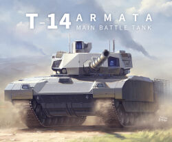 Rule 34 | artist name, cannon, caterpillar tracks, cloud, cloudy sky, commission, dated, dust, english text, grass, highres, military vehicle, motor vehicle, no humans, real life, sky, spacebar hobby, t-14 armata, tank, vehicle focus