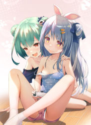 Rule 34 | 2girls, :d, absurdres, blue hair, blue ribbon, blue shirt, blush, breasts, camisole, carrot hair ornament, closed mouth, commentary request, controller, double bun, fang, food-themed hair ornament, game controller, green hair, hair bun, hair ornament, hair ribbon, hand on another&#039;s shoulder, highres, holding, holding controller, holding game controller, hololive, knees apart feet together, knees up, maru-chan niko, multicolored hair, multiple girls, open mouth, panties, panty peek, red eyes, red shorts, ribbon, shirt, short eyebrows, short shorts, shorts, simple background, sitting, skin fang, skull hair ornament, small breasts, smile, socks, strap slip, streaked hair, thick eyebrows, underwear, uruha rushia, usada pekora, virtual youtuber, white hair, white legwear, white panties