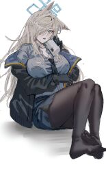 Rule 34 | 1girl, absurdres, animal ear fluff, animal ears, black gloves, black necktie, black pantyhose, blue archive, breasts, cup, gloves, grey shirt, hair over one eye, halo, highres, holding, holding cup, jacket, kanna (blue archive), large breasts, light brown hair, long hair, long sleeves, looking at viewer, mug, necktie, no shoes, nompang, open clothes, open jacket, pantyhose, pencil skirt, sharp teeth, shirt, simple background, sitting, sketch, skirt, solo, teeth, white background