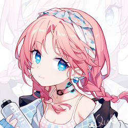 Rule 34 | 1girl, arknights, artist name, blue eyes, blue hairband, blue poison (arknights), blue poison (shoal beat) (arknights), bottle, braid, chinese commentary, choker, collarbone, commentary request, ear piercing, hairband, hand up, holding, holding bottle, jacket, looking at viewer, medium hair, off shoulder, official alternate costume, open clothes, open jacket, piercing, pink choker, pink hair, portrait, quan (kurisu tina), rectangular pupils, scales, smile, solo, tank top, twin braids, white jacket, white tank top, zoom layer