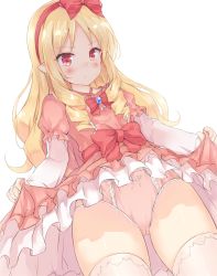 Rule 34 | 10s, 1girl, blonde hair, blush, bow, bow panties, brown eyes, clothes lift, dress, dress lift, drill hair, eromanga sensei, hair bow, hairband, highres, lifted by self, lolita fashion, long hair, looking at viewer, panties, pink dress, pink panties, pointy ears, red bow, sash, solo, thighhighs, tosaka teru, twin drills, underwear, white background, white thighhighs, yamada elf