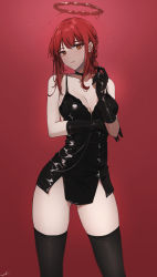 Rule 34 | 1girl, black choker, black dress, black gloves, black thighhighs, blood, blood halo, braid, braided ponytail, breasts, chainsaw man, choker, closed mouth, dress, feint721, gloves, halo, highres, liquid halo, makima (chainsaw man), medium breasts, red background, red hair, red halo, ringed eyes, short dress, signature, simple background, solo, spaghetti strap, thighhighs, thighs, yellow eyes