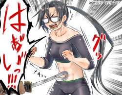 Rule 34 | abs, amagiri (kancolle), anger vein, black hair, breasts, chiwa (chiwa0617), clenched hands, collarbone, crop top, dated, glasses, highres, kantai collection, midriff, navel, opaque glasses, open mouth, ponytail, small breasts, sword, translation request, twitter username, weapon