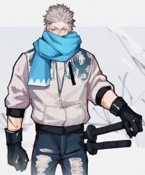 Rule 34 | 1boy, absurdres, black gloves, blue eyes, blue scarf, denim, dragon print, facial scar, fate/grand order, fate (series), gloves, grey hair, hair slicked back, haruakira, highres, holding, jacket, jeans, male focus, nagakura shinpachi (fate), pants, scar, scar on cheek, scar on face, scarf, scarf over mouth, short hair, sword, weapon, white hair, white jacket