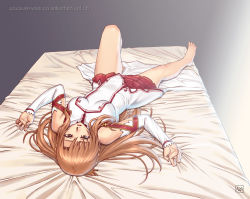 Rule 34 | 1girl, absurdres, asuna (sao), azasuke, bare legs, barefoot, breasts, brown eyes, brown hair, detached sleeves, dress, female focus, from behind, full body, hair spread out, highres, large breasts, long hair, long sleeves, lying, miniskirt, on back, on bed, outstretched arms, parted lips, pleated skirt, red skirt, short dress, signature, skirt, solo, spread arms, sword art online, upside-down, white dress