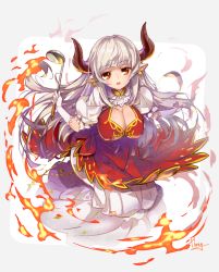 Rule 34 | 10s, 1girl, alicia (granblue fantasy), breasts, draph, dress, earrings, fire, granblue fantasy, hong (white spider), horns, jewelry, ladle, large breasts, long hair, mature female, orange eyes, pointy ears, red dress, silver hair, solo