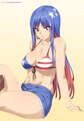 Rule 34 | 1girl, absurdres, american flag bikini, animal ears, artist name, beige background, bikini, bikini top only, blue hair, breasts, commentary, cow ears, cow horns, cow tail, denim, denim shorts, english commentary, flag print, front-tie top, gradient background, highres, horns, kantai collection, large breasts, long hair, multicolored hair, red hair, shorts, sitting, solo, south dakota (kancolle), star (symbol), stayaliveplz, swimsuit, tail, white hair