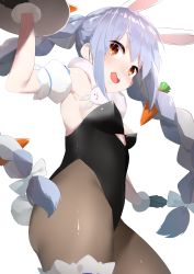 Rule 34 | 1girl, :d, absurdres, animal ears, bare shoulders, black gloves, black leotard, blue hair, blush, breasts, brown pantyhose, commentary request, cotton kanzaki, detached sleeves, don-chan (usada pekora), from below, fur-trimmed gloves, fur trim, gloves, hand up, highres, holding, holding tray, hololive, leotard, long hair, looking at viewer, multicolored hair, open mouth, pantyhose, playboy bunny, puffy short sleeves, puffy sleeves, rabbit ears, rabbit tail, red eyes, short eyebrows, short sleeves, sidelocks, simple background, small breasts, smile, solo, strapless, strapless leotard, teeth, thick eyebrows, tray, twintails, two-tone hair, upper teeth only, usada pekora, usada pekora (1st costume), very long hair, virtual youtuber, white background, white hair, white sleeves