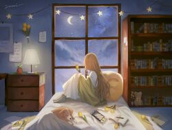 Rule 34 | 1girl, bed, blanket, book, bookshelf, brown hair, chest of drawers, dog, flower, highres, lamp, long hair, moon, nintendo switch, notebook, on bed, original, paper, pen, plant, potted plant, sitting, sky, socks, solo, star (sky), star (symbol), starry sky, stuffed animal, stuffed toy, sumi 0525, teddy bear, tulip, window