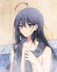 Rule 34 | 10s, 1boy, ahoge, androgynous, black hair, hair down, long hair, male focus, namazuo toushirou, personification, purple eyes, qingshui ai, topless male, smile, solo, steam, touken ranbu, towel, towel around neck, upper body