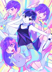 Rule 34 | + +, 1girl, 3boys, arm up, aubrey (headspace) (omori), aubrey (omori), black eyes, black hair, black tank top, blue shirt, bow, closed mouth, colored skin, expressionless, grin, hair bow, hero (headspace) (omori), hero (omori), highres, holding, holding knife, holding stuffed toy, iro (mywife sunny), kel (headspace) (omori), kel (omori), knife, long sleeves, looking at viewer, mr. plantegg (omori), multiple boys, omori, omori (omori), over-kneehighs, pajamas, parted lips, pink bow, purple eyes, purple hair, shirt, short hair, short sleeves, smile, stuffed eggplant, stuffed toy, tank top, teeth, thighhighs, white skin, white thighhighs