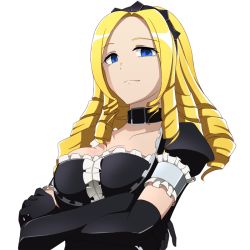 Rule 34 | 1girl, black dress, black gloves, black hairband, blonde hair, blue eyes, breasts, cleavage, closed mouth, collar, collarbone, crossed arms, dress, drill hair, elbow gloves, gloves, hairband, lizta, long hair, looking at viewer, medium breasts, overlord (maruyama), shiny skin, short sleeves, simple background, smile, smug, solo, solution epsilon, upper body, white background