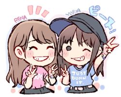 Rule 34 | 2girls, ^ ^, akb48, black headwear, blue shirt, bracelet, brown hair, cabbie hat, character name, chibi, closed eyes, clothes writing, commentary request, double v, double w, grin, hat, jewelry, katou rena, kizaki yuria, long hair, looking at viewer, mole, mole under mouth, multiple girls, notice lines, pink shirt, real life, shirt, short sleeves, smile, t-shirt, taneda yuuta, upper body, v, v-shaped eyebrows, w
