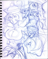 Rule 34 | 2girls, capcom, cleavage cutout, clothing cutout, colored pencil (medium), eric vedder, face, from below, hat, jiangshi, lei lei, lin-lin, monochrome, multiple girls, ofuda, perspective, profile, qingdai guanmao, siblings, sisters, sketch, traditional media, vampire (game)
