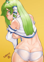Rule 34 | 1girl, armpit peek, ass, back, backboob, blue bow, bow, breast hold, breasts, butt crack, cameltoe, closed mouth, collared shirt, commentary request, cowboy shot, crossed bangs, dated, detached sleeves, frog hair ornament, from behind, green eyes, green hair, hair between eyes, hair ornament, highres, kei jiei, kochiya sanae, large breasts, long hair, looking at viewer, looking back, no pants, o3o, shiny skin, shirt, sidelocks, simple background, single hair tube, sleeve bow, sleeveless, sleeveless shirt, snake hair ornament, solo, thigh gap, touhou, white shirt, white sleeves, yellow background