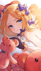 Rule 34 | 1girl, abigail williams (fate), bare shoulders, black gloves, blonde hair, blue eyes, bow, fate/grand order, fate (series), gloves, hair bow, highres, long hair, looking at viewer, march ab, parted bangs, sidelocks, smile, solo, stuffed animal, stuffed toy, teddy bear, white background, wrist cuffs
