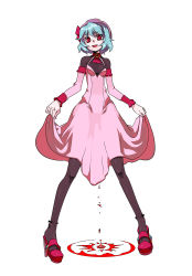 Rule 34 | 1girl, alternate costume, bad id, bad pixiv id, black pantyhose, blood, blue hair, clothes lift, dress, dress lift, fang, female focus, full body, high heels, menstruation, pantyhose, red eyes, remilia scarlet, shoes, simple background, slit pupils, smile, solo, standing, thighhighs, touhou, tsuru (artist), tsuru (clainman)