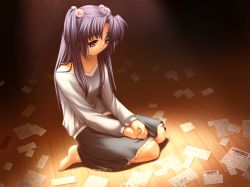 Rule 34 | 00s, 1girl, bad anatomy, barefoot, clannad, game cg, hair bobbles, hair ornament, ichinose kotomi, long hair, official art, paper, poorly drawn, purple hair, skirt, solo, twintails, two side up