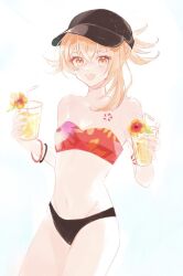 Rule 34 | 1girl, :d, asa (1asa-0-asa1), bandeau, bare shoulders, baseball cap, bikini, black hat, blonde hair, breasts, chest tattoo, cleavage, cowboy shot, cup, drinking glass, genshin impact, groin, hat, highres, holding, holding cup, long hair, looking at viewer, mismatched bikini, navel, open mouth, small breasts, smile, solo, standing, stomach, strapless, strapless bikini, swimsuit, tattoo, thighs, yellow eyes, yoimiya (genshin impact)