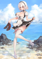 Rule 34 | 1girl, absurdres, anchor choker, apron, azur lane, blue sky, blush, breasts, choker, cleavage, cloud, collarbone, day, dress, full body, hair between eyes, hairband, highres, holding, holding shoes, in water, lace-trimmed hairband, lace trim, large breasts, looking at viewer, maid, maid apron, miso (b7669726), ocean, open mouth, puffy short sleeves, puffy sleeves, red eyes, shoes, short hair, short sleeves, sirius (azur lane), sky, smile, solo, thighhighs, thighs, wading, water drop, wet legwear, white hair, white thighhighs