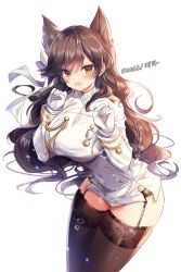 Rule 34 | 1girl, animal ears, atago (azur lane), azur lane, black hair, black thighhighs, blush, breasts, brown eyes, buttons, double-breasted, garter straps, gloves, hair ribbon, highres, large breasts, long hair, long sleeves, looking at viewer, maett, military, military uniform, miniskirt, mole, mole under eye, no pants, open mouth, pencil skirt, ribbon, side slit, simple background, skirt, solo, standing, thighhighs, uniform, white background, white gloves, white ribbon, white skirt