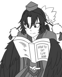 Rule 34 | 1girl, artist request, book, crow tengu, english text, feathers, female focus, harpy, hat, monochrome, monster girl, monster girl encyclopedia, open book, pointy ears, reading, solo, sweat, text focus, wings