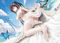 Rule 34 | 1girl, absurdly long hair, ass, azur lane, backless dress, backless outfit, black hair, blue butterfly, blue sky, breasts, bug, butterfly, center opening, cleavage, cocktail dress, covered erect nipples, day, dress, evening gown, fh moya, from below, full body, garter straps, hair between eyes, hair ornament, highres, insect, large breasts, long hair, looking at viewer, no shoes, official alternate costume, outdoors, plunging neckline, red eyes, satin dress, see-through, see-through dress, sky, sleeveless, sleeveless dress, solo, taihou (azur lane), taihou (temptation on the sea breeze) (azur lane), thighhighs, very long hair, wedding dress, white dress, white garter straps, white thighhighs