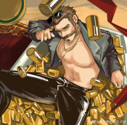 Rule 34 | 1boy, absurdres, bara, bathtub, beer can, can, character request, check character, cross, cross earrings, cross necklace, drink can, earrings, facial hair, falling, from above, gold, graves (league of legends), hair slicked back, head tilt, highres, jacket, jewelry, large pectorals, latex pants, league of legends, looking at viewer, male focus, mature male, money rain, muscular, muscular male, mustache, mutton chops, necklace, nipples, no shirt, open clothes, open jacket, pectorals, seductive smile, smile, solo, spread legs, stomach, sunglasses, thick eyebrows, thick mustache, yingou li de wenyi zhi yuan