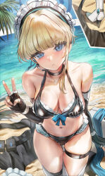 Rule 34 | 1girl, alternate costume, beach, bikini, black bikini, black choker, black gloves, blonde hair, blue archive, blue eyes, blue halo, blue sky, boots, breasts, choker, cloud, commentary request, day, fingerless gloves, gloves, halo, highres, himonoata, looking at viewer, medium breasts, medium hair, navel, ocean, outdoors, sky, solo, swimsuit, thigh boots, thigh strap, thighhighs, toki (blue archive), v, white footwear, white thighhighs